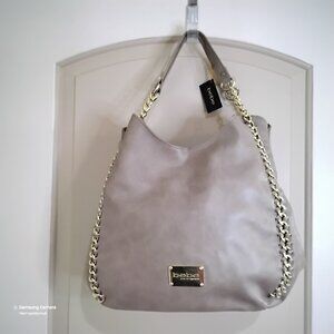 BEBE Large Colette Hobo Bag Triple Entry Tan, Double Strap Gold Chain Accent NWT